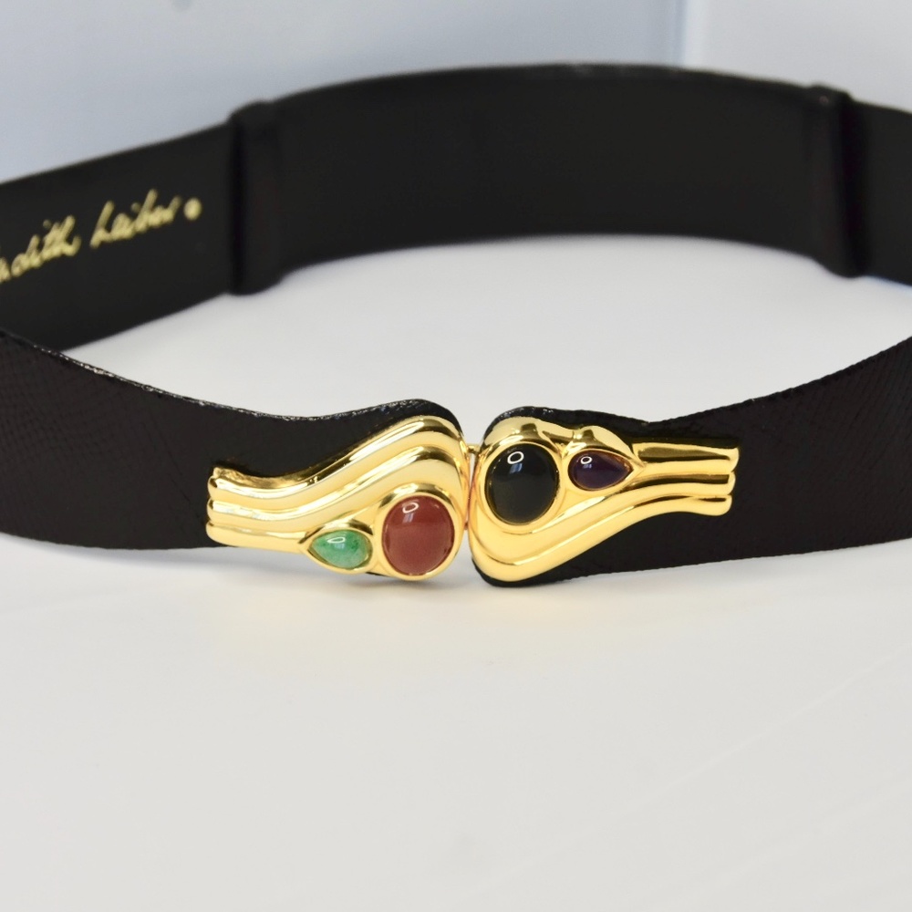 Judith Leiber Embossed Black Snake Print Leather Belt w/Jeweled Cabochon Buckle - Picture 2 of 7